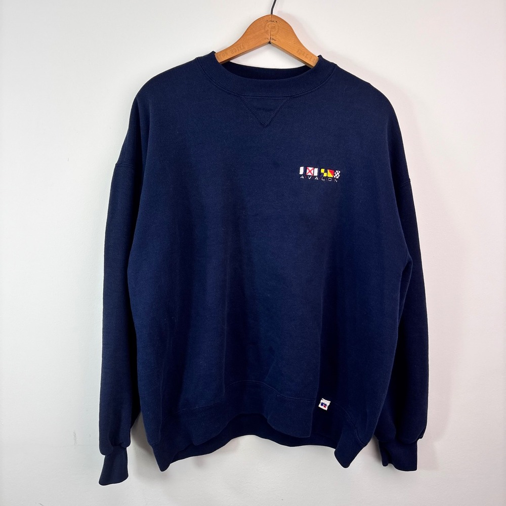 Vintage 90s Russell Athletic Avalon Aviation Navy Crewneck Sweatshirt XL USA